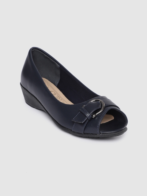 CERIZ Women Navy Blue Solid Peep Toe Wedges