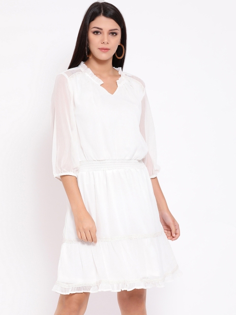 Oxolloxo Women White Solid Fit and Flare Dress