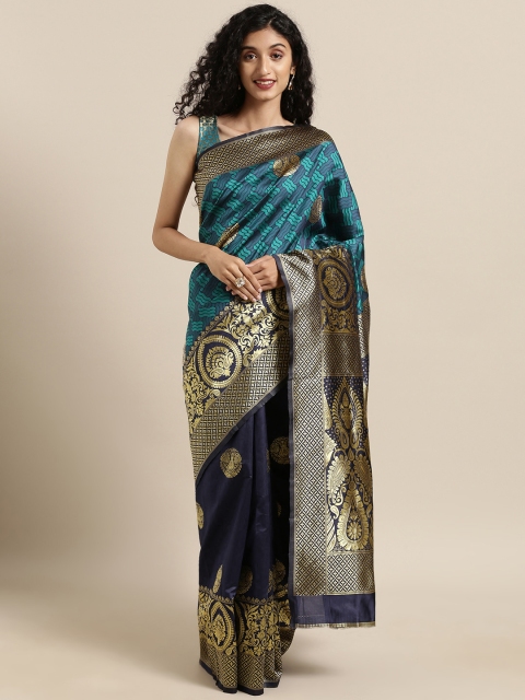 Satrani Navy Blue & Gold-Toned Poly Silk Woven Design Banarasi Saree