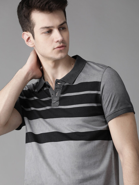 Roadster Men Charcoal Grey & Black Striped Polo Collar T-shirt 
Roadster Men Charcoal Grey & Black Striped Polo Collar T-shirt