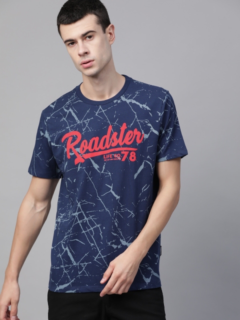 Roadster Men Navy Blue & Red Printed Round Neck T-shirt
