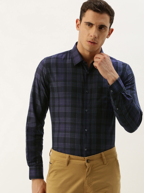 Peter England Men Navy Blue & Black Nuvo Fit Checked Formal Shirt