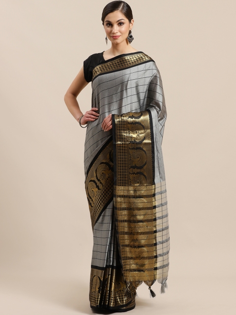 Mitera Grey & Black Checked Banarasi Saree