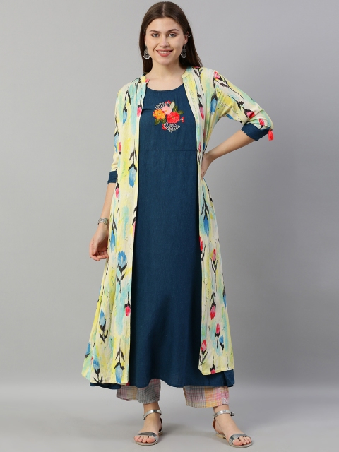 Neerus Women Teal Blue & Yellow Printed Layered A-Line Kurta With Embroidered Detailing
Neerus Women Teal Blue & Yellow Printed Layered A-Line Kurta With Embroidered Detailing