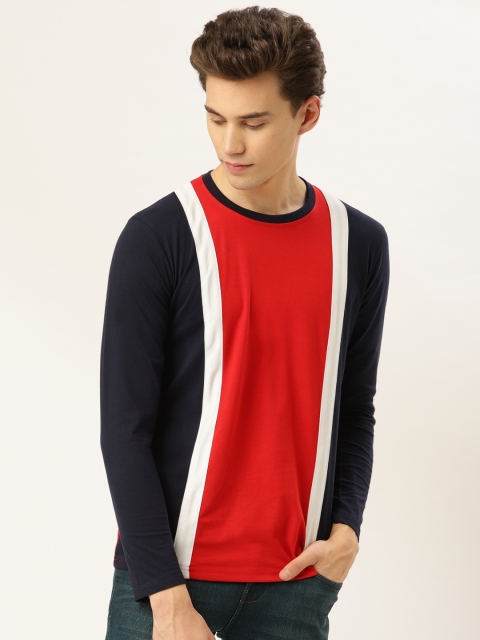 GHPC Men Red & Navy Blue Slim Fit Colourblocked Round Neck T-shirt