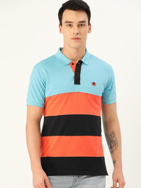 GHPC Men Blue & Orange Striped Polo Collar T-shirt