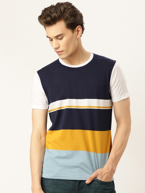 GHPC Men Navy Blue & Mustard Yellow Striped Slim Fit Round Neck T-shirt