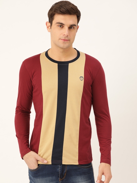 GHPC Men Maroon & Beige Striped Slim Fit Round Neck T-shirt