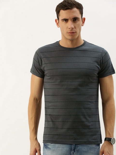 DILLINGER Men Grey Black Striped Round Neck Pure Cotton T-shirt