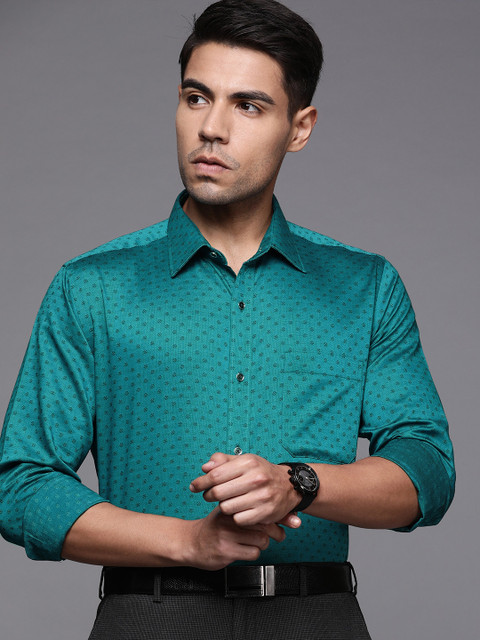 Raymond Men Teal Blue & Black Contemporary Regular Fit Self Design Party Shirt 
Raymond Men Teal Blue & Black Contemporary Regular Fit Self Design Party Shirt