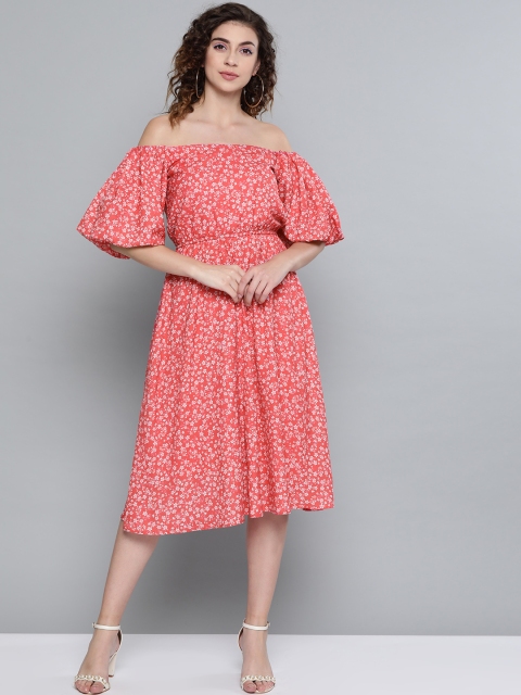 SASSAFRAS Coral Red & Off-White Ditsy Floral Off-Shoulder Dress