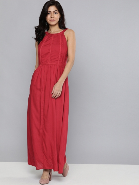 HERE&NOW Women Red Solid Pleated Styled Back Maxi Dress