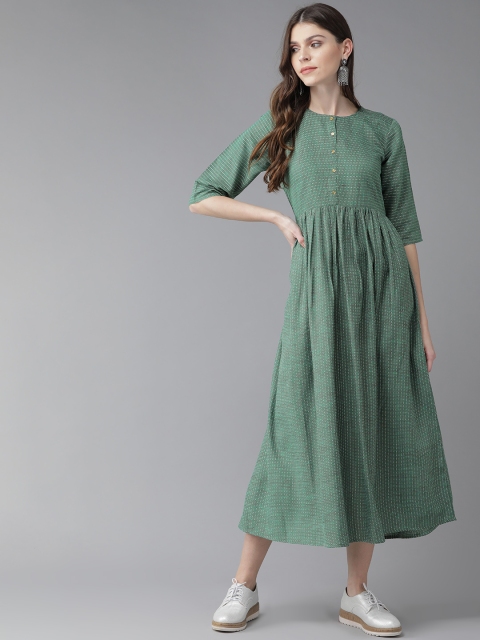 Libas Women Green & White Self Striped Maxi Dress