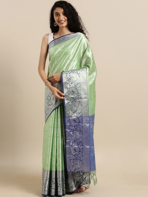 VASTRANAND Green & Silver-Toned Silk Blend Woven Design Kanjeevaram Kora Muslin Saree
VASTRANAND Green & Silver-Toned Silk Blend Woven Design Kanjeevaram Kora Muslin Saree