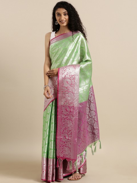 VASTRANAND Green & Silver-Toned Silk Blend Woven Design Kanjeevaram Kora Muslin Silk Saree
VASTRANAND Green & Silver-Toned Silk Blend Woven Design Kanjeevaram Kora Muslin Silk Saree