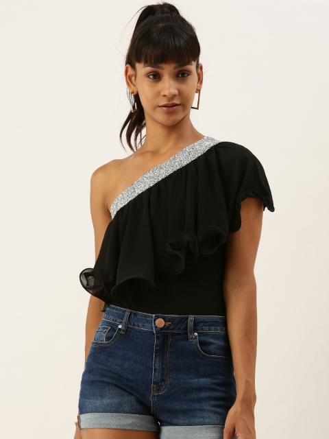 FOREVER 21 Women Black Solid One-Shoulder Ruffled Bodysuit with Embellished Neck-Line
FOREVER 21 Women Black Solid One-Shoulder Ruffled Bodysuit with Embellished Neck-Line