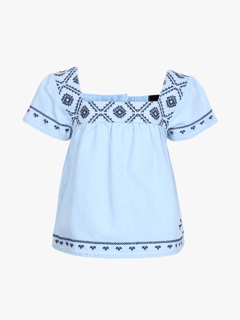 Pepe Jeans Girls Blue Embroidered Detail A-Line Pure Cotton Top