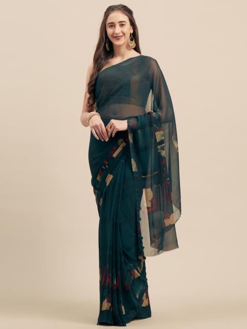 Mitera Green Printed Poly Georgette Saree