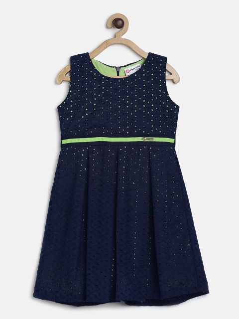 Peppermint Girls Navy Blue Self Design Fit and Flare Dress