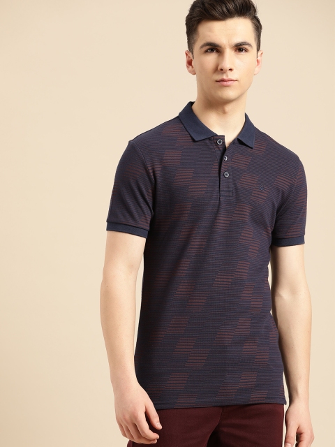 United Colors of Benetton Men Navy Blue Mauve Printed Polo Collar Pure Cotton T-shirt