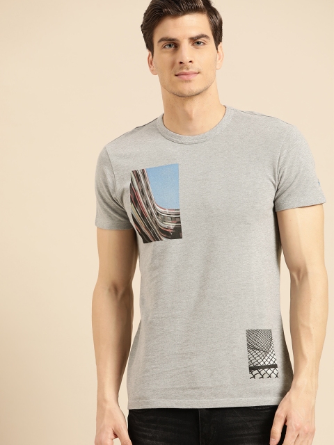 United Colors of Benetton Men Grey Melange & Black Printed Round Neck T-shirt
