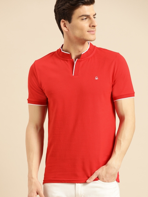 United Colors of Benetton Men Red Solid Mandarin Collar T-shirt