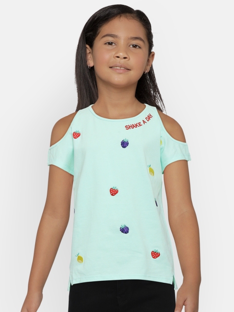 United Colors of Benetton Girls Green Embroidered Pure Cotton Top