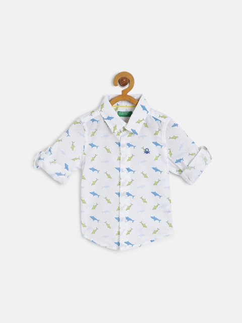 United Colors of Benetton Boys White & Blue Fish Printed Regular Fit Casual Shirt