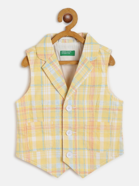 United Colors of Benetton Boys Yellow & White Checked Waistcoat