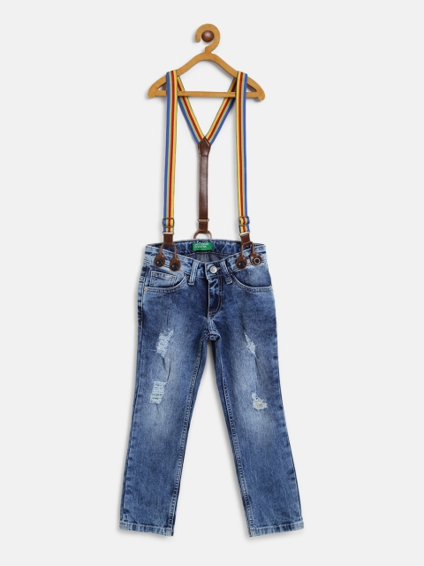 United Colors of Benetton Boys Blue Regular Fit Mid Rise Distressed Jeans with Suspenders