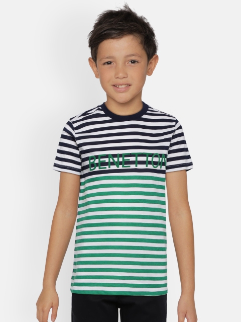 United Colors of Benetton Boys Navy Blue & White Striped Round Neck T-shirt