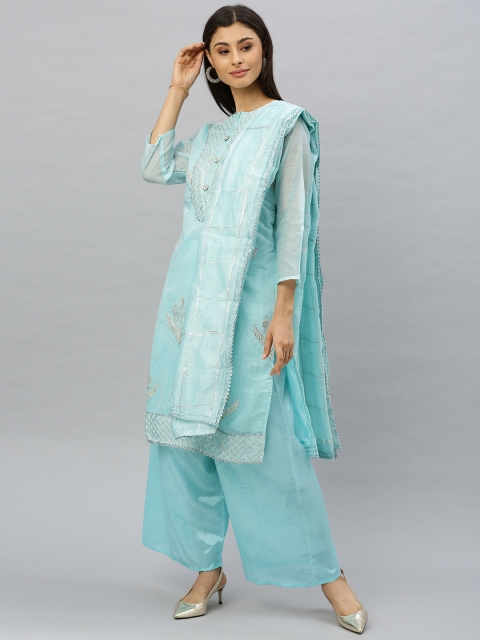 Ishin Women Blue & Silver-Toned Gota Patti Embroidered Kurta with Palazzos & Dupatta
Ishin Women Blue & Silver-Toned Gota Patti Embroidered Kurta with Palazzos & Dupatta