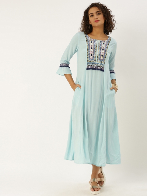 Jaipur Kurti Women Blue Embroidered Fit and Flare Dress