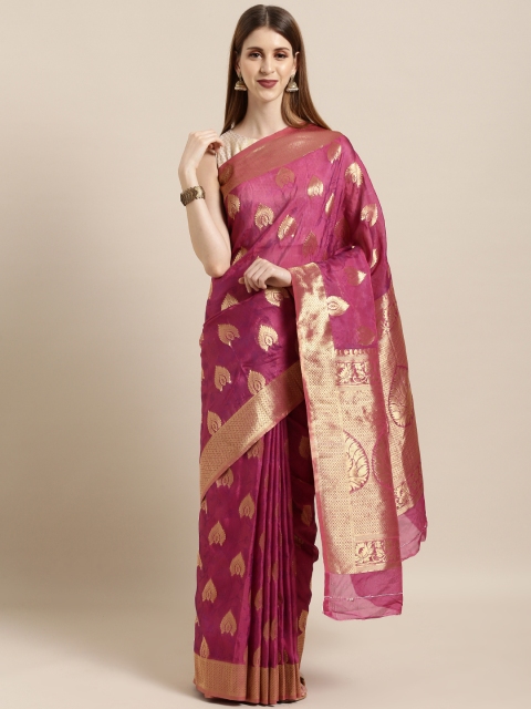 Mitera Purple & Gold-Toned Silk Blend Woven Design Kanjeevaram Saree