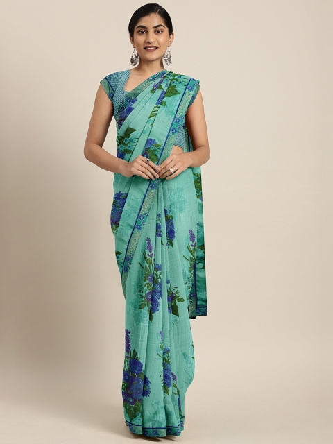 Triveni Sea Green & Blue Poly Chiffon Printed Saree
