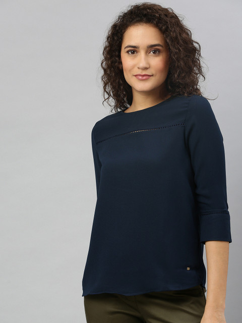 Allen Solly Woman Navy Blue Solid Top with Cut-Out Detail 
Allen Solly Woman Navy Blue Solid Top with Cut-Out Detail