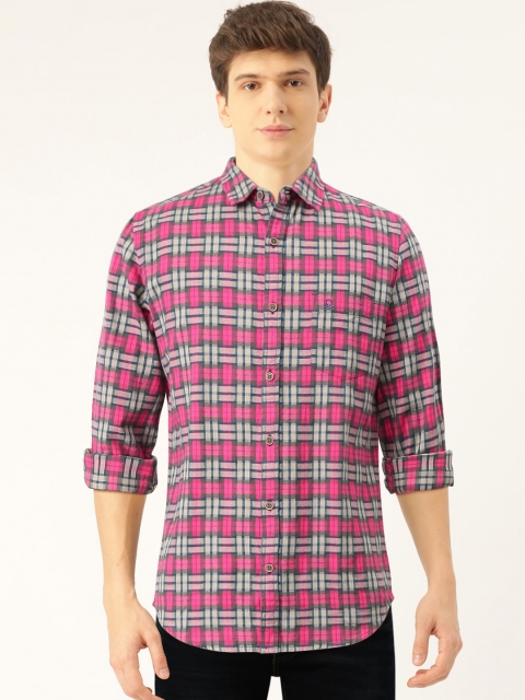 United Colors of Benetton Men Pink & Grey Slim Fit Checked Casual Shirt