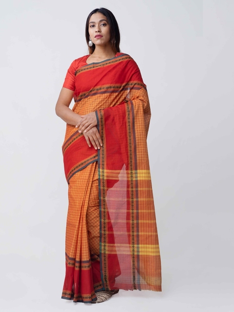 Unnati Silks Orange & Yellow Pure Cotton Checked Handloom Chettinad Sustainable Saree
Unnati Silks Orange & Yellow Pure Cotton Checked Handloom Chettinad Sustainable Saree