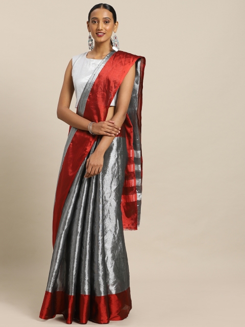aamna Grey & Red Tissue Solid Saree