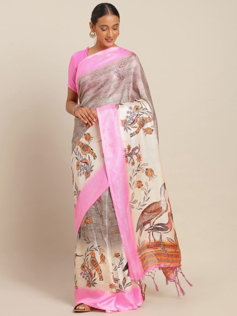KALINI Off-White & Pink Jute Silk Woven Design Mysore Silk Saree