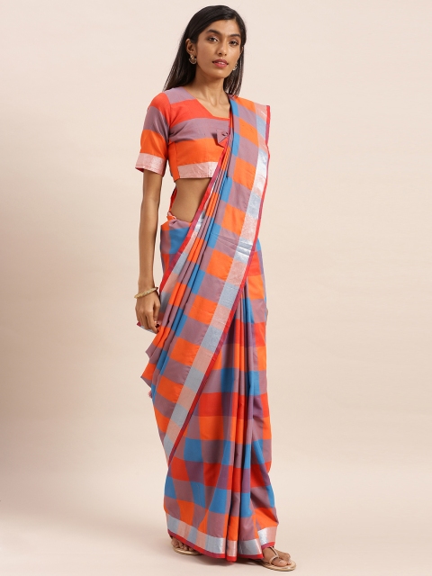 KALINI Orange & Blue Polycotton Checked Mysore Silk Saree