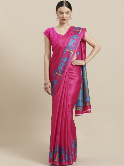 KALINI Pink & Blue Solid Mysore Silk Saree