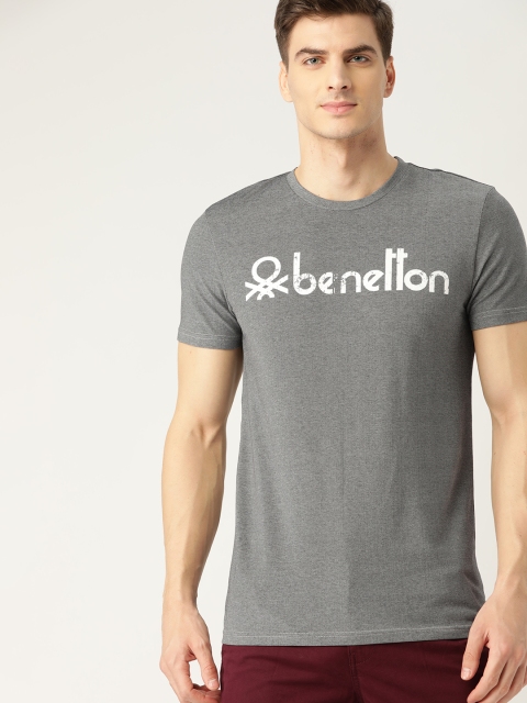 United Colors of Benetton Men Charcoal Grey & White Printed Round Neck T-shirt