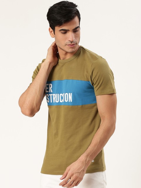 United Colors of Benetton Men Olive Green & Blue Printed Round Neck T-shirt