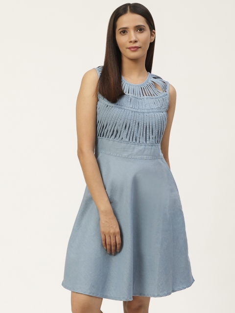 ANTS Women Blue Solid Denim A-Line Dress