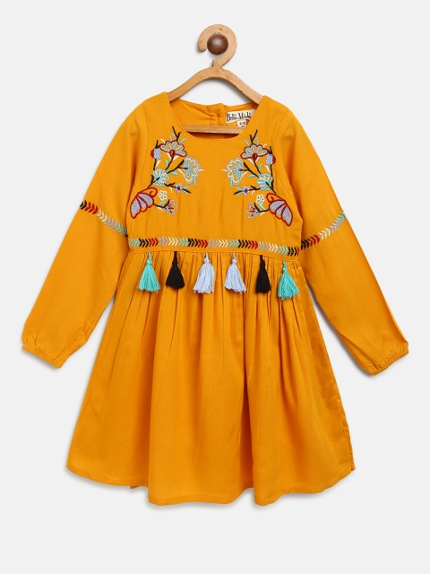 Bella Moda Girls Mustard Yellow & Blue Floral Embroidered A-Line Dress with Tassells
Bella Moda Girls Mustard Yellow & Blue Floral Embroidered A-Line Dress with Tassells