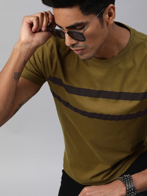 Roadster Men Olive Green & Black Striped Round Neck T-shirt