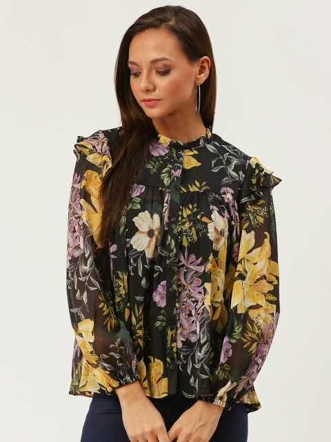 MANGO Women Black & Lavender Floral Printed Sustainable Top