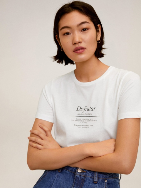 MANGO Women White & Black Printed Round Neck T-shirt