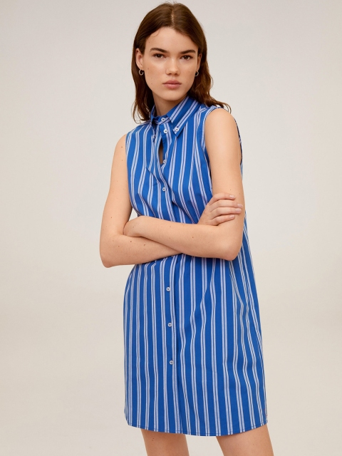 MANGO Women Blue Striped Shirt Dress